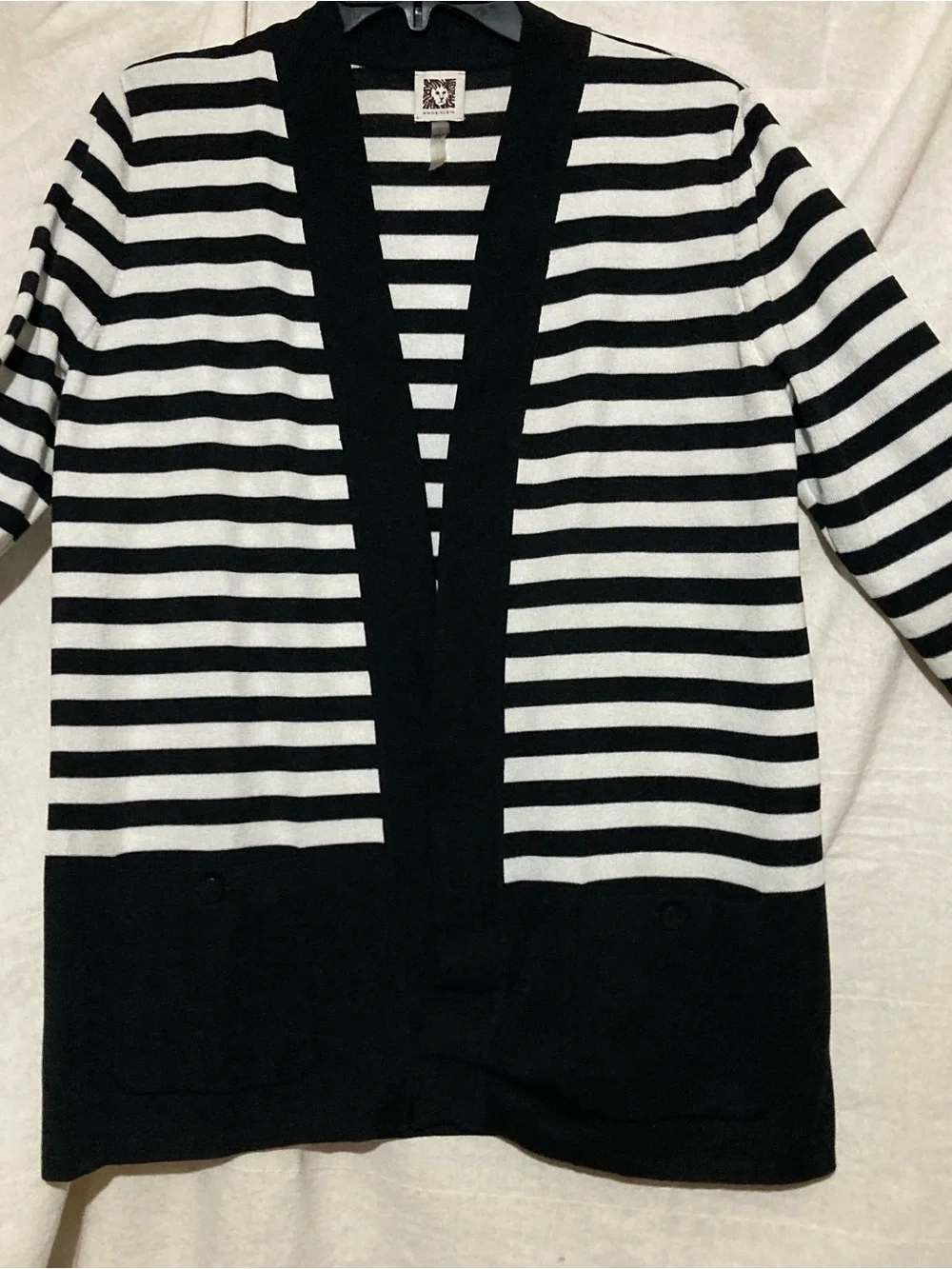 Anne Klein Black and White Striped Open-Front Cardigan